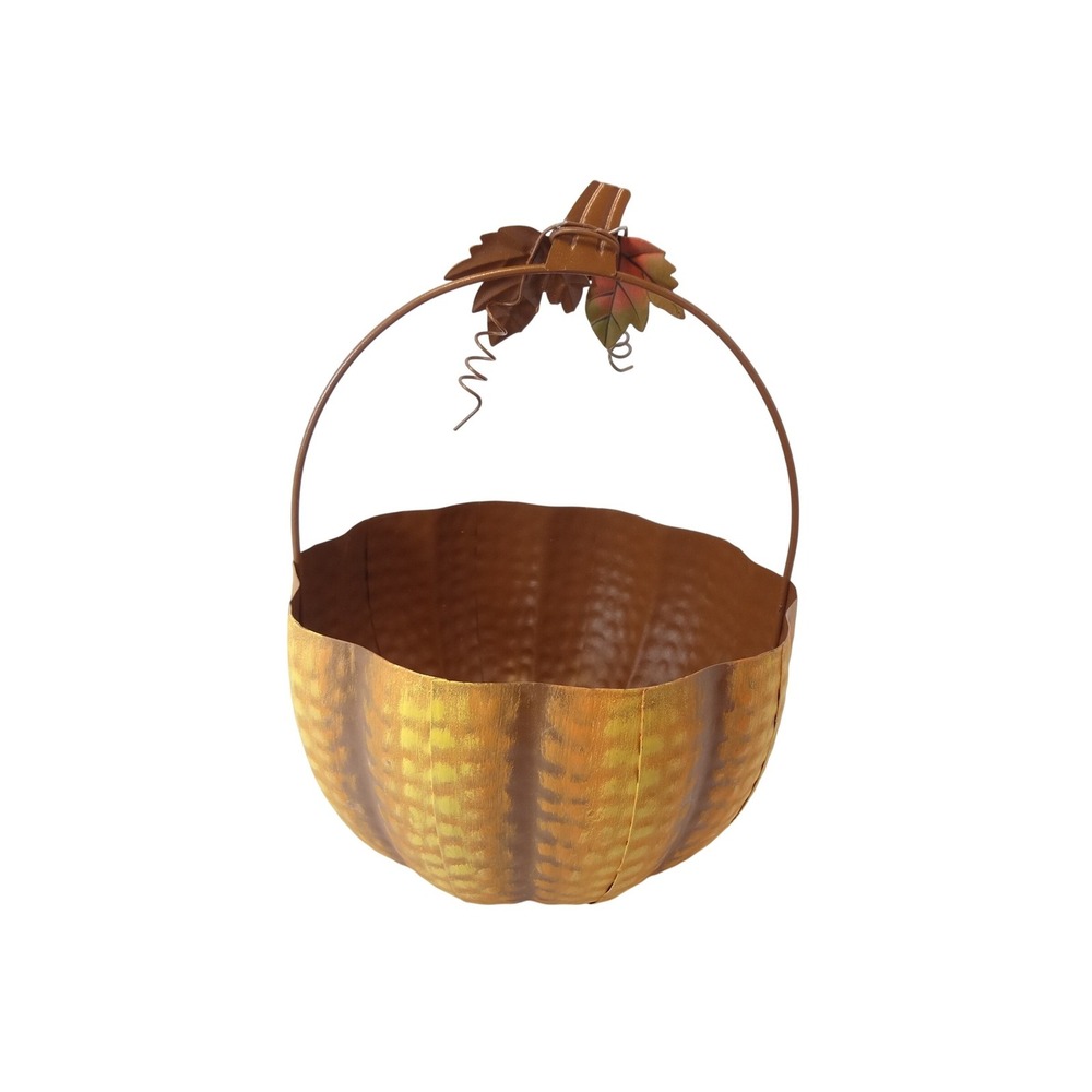 Pumpkin Basket Home Decor Orange Excellent Metal Fall Harvest Leaf - Picture 3 of 6